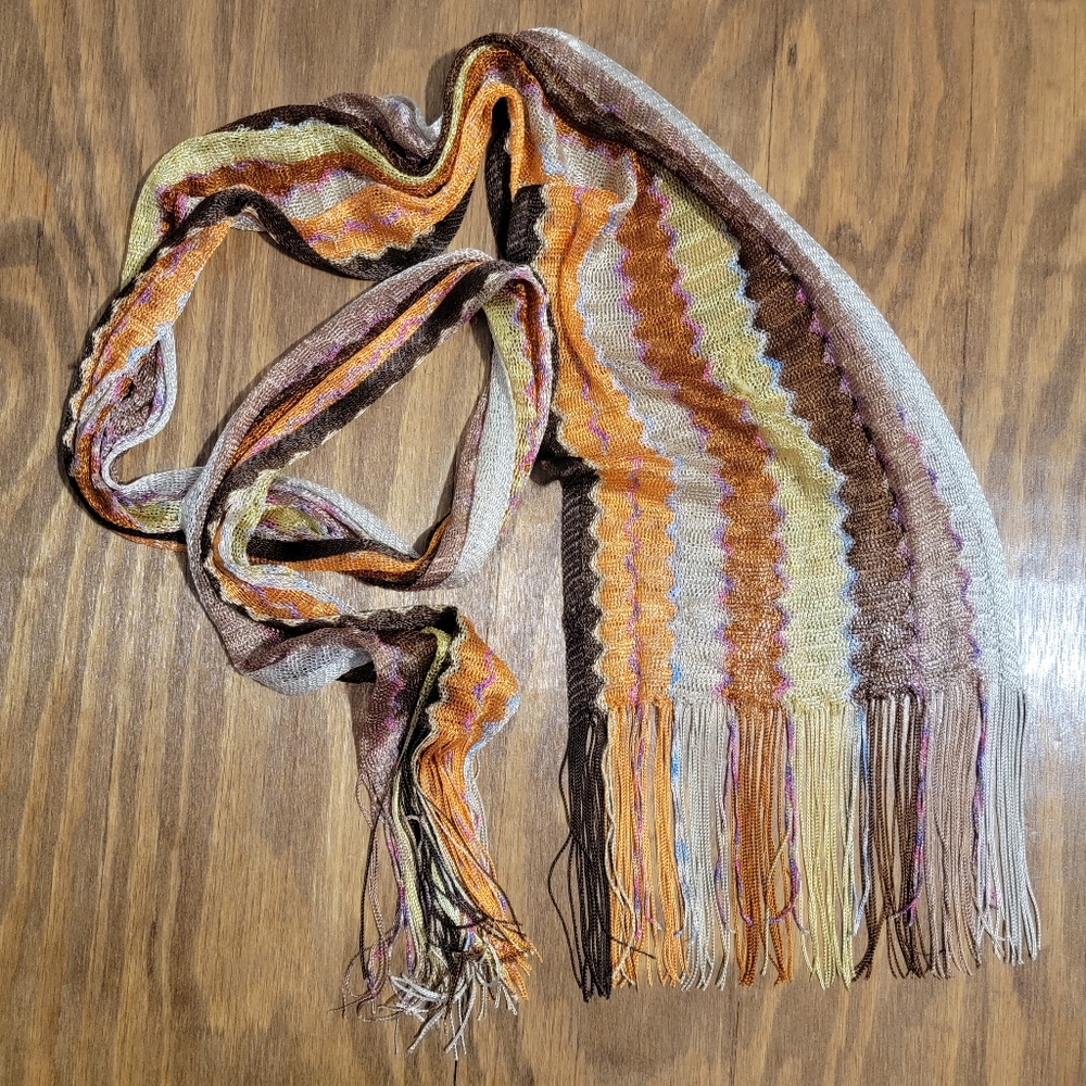 Delicate Scarf with Fringe, Brown, Orange, Yellow, Beige, Cream, 8x79 Inches
